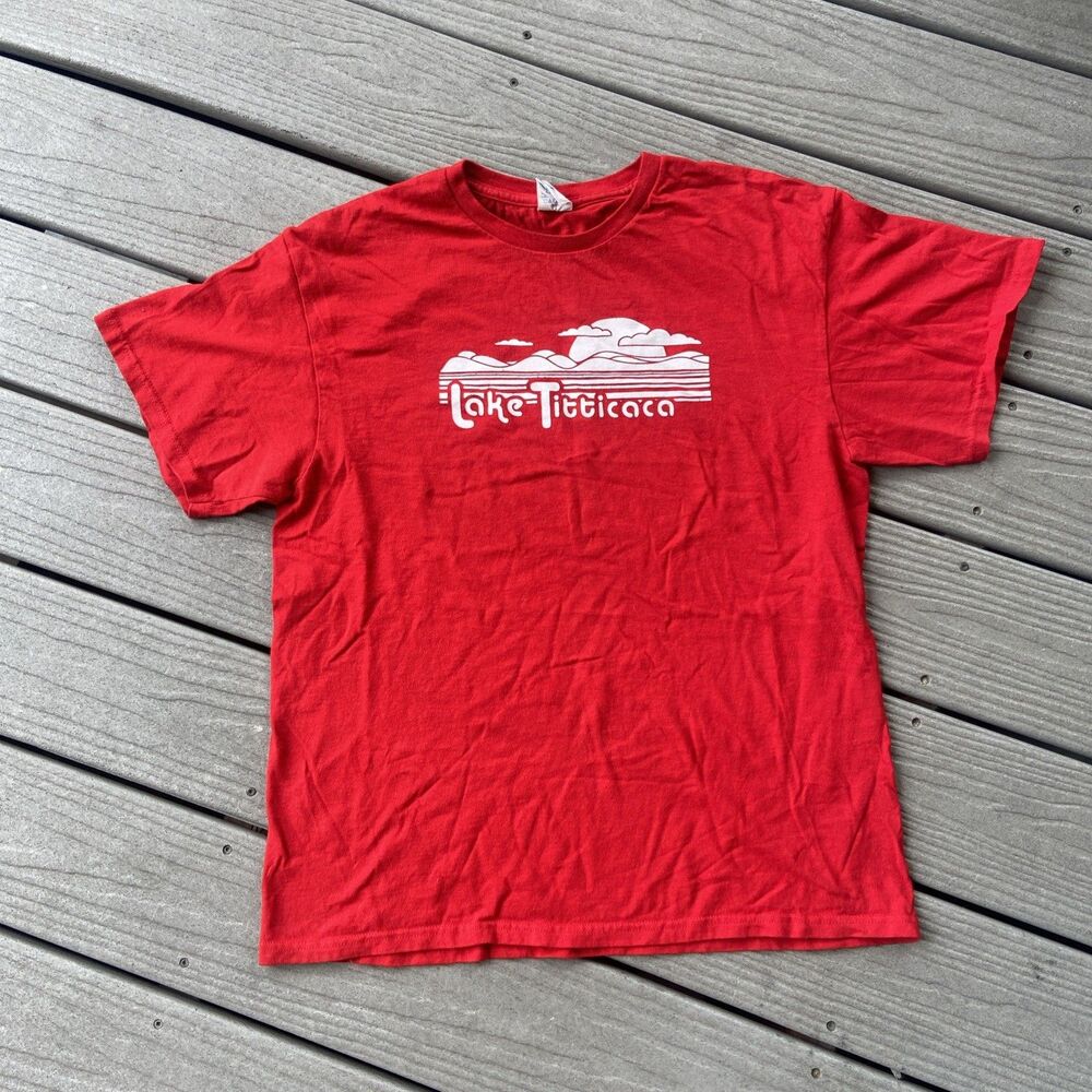 Vintage 90s Lake Titicaca T Shirt Mens Large Red Delta Pro Weight Graphic Tee